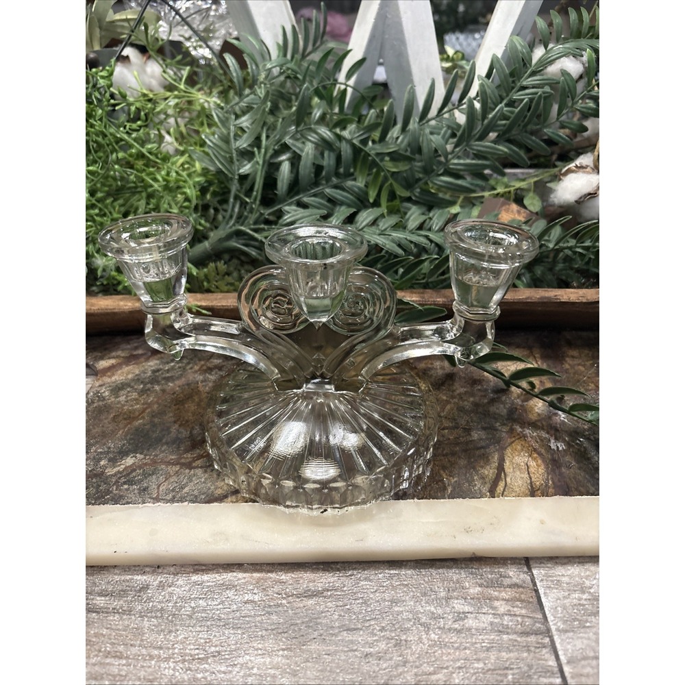 Vintage Jeanette Cosmos Pressed Depression Glass Triple Candlestick Holder Clear